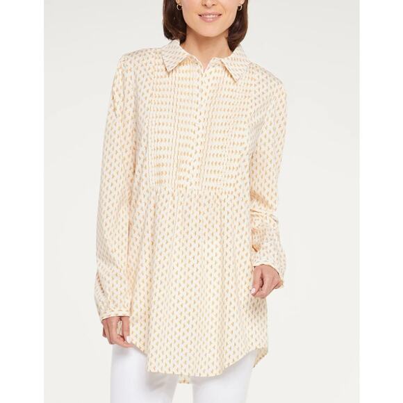 NYDJ White Yellow Pleated Tunic Top Womens XL Long Sleeve Button Up Geometric - Picture 1 of 11